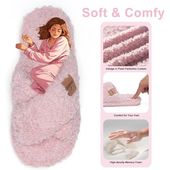 ⚡Women’s Light Pink Faux Fur Cozy Fuzzy Cross Band Slippers House Shoes - Picture 3 of 6